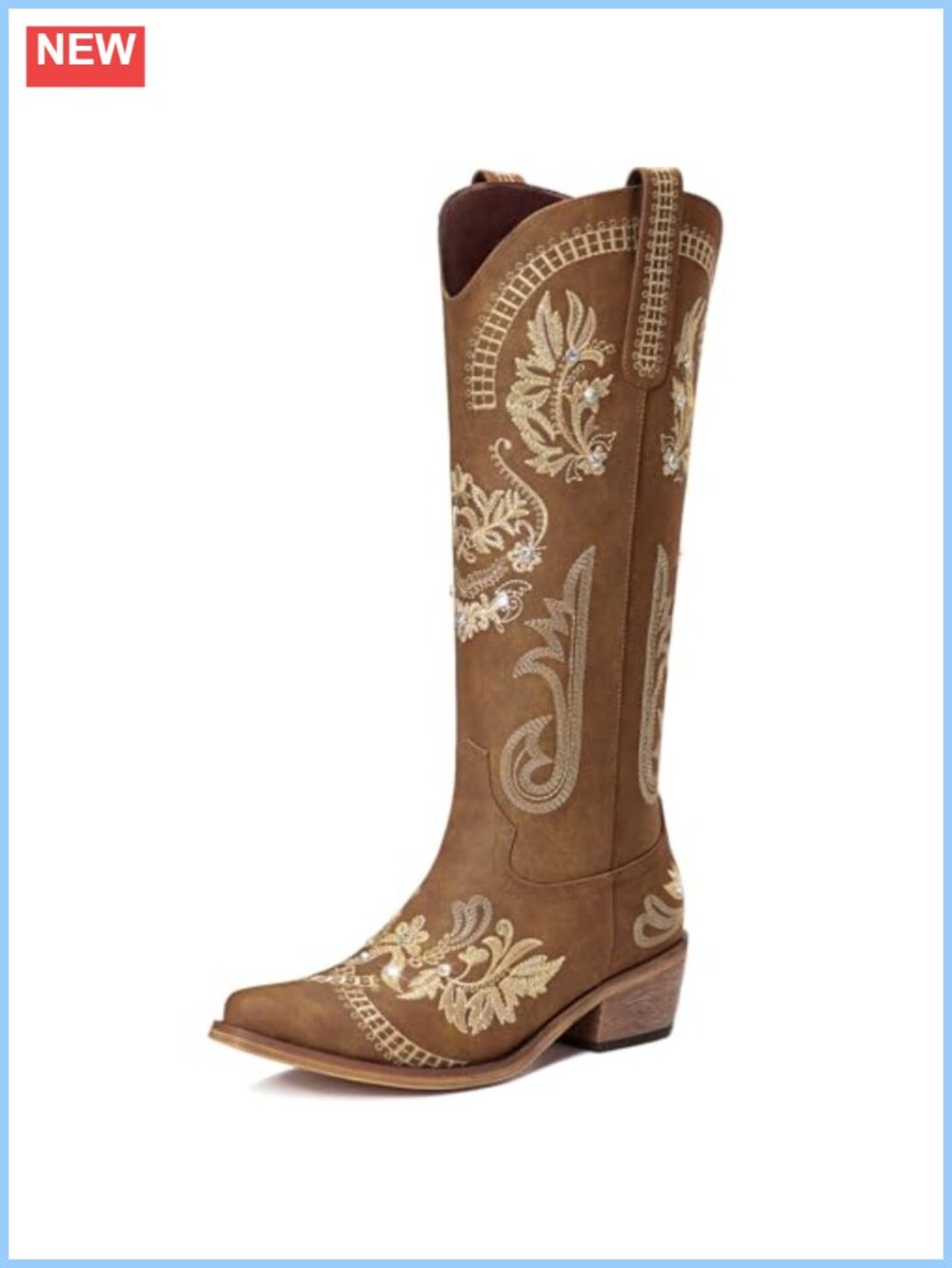 Western Knee High Cowboy Boots Embroidered Rhinestone Pointed Toe
